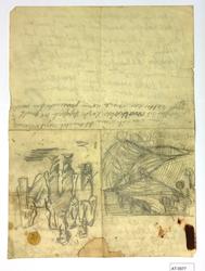 2 skisser av fiskere og landskap. Notat om jord. [Tegning]