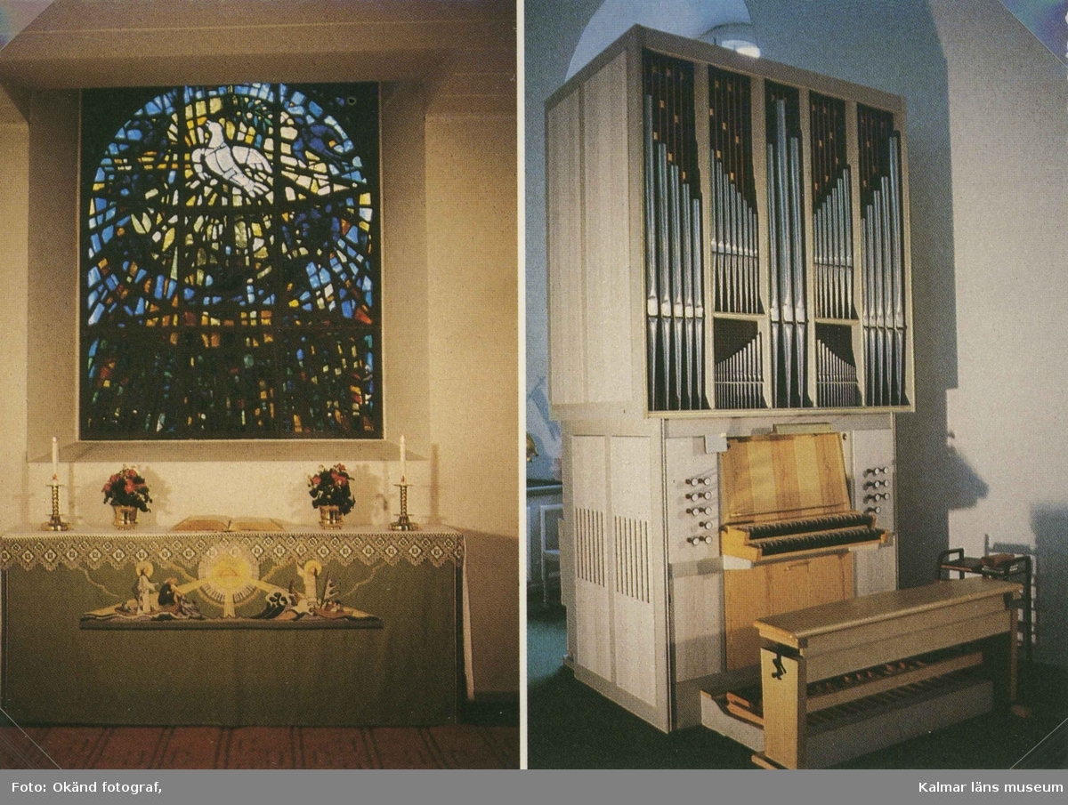 Interiör från Gamleby kyrka. Altaret till vänster och orgeln från Mårtenssons orgelfabrik i Lund.