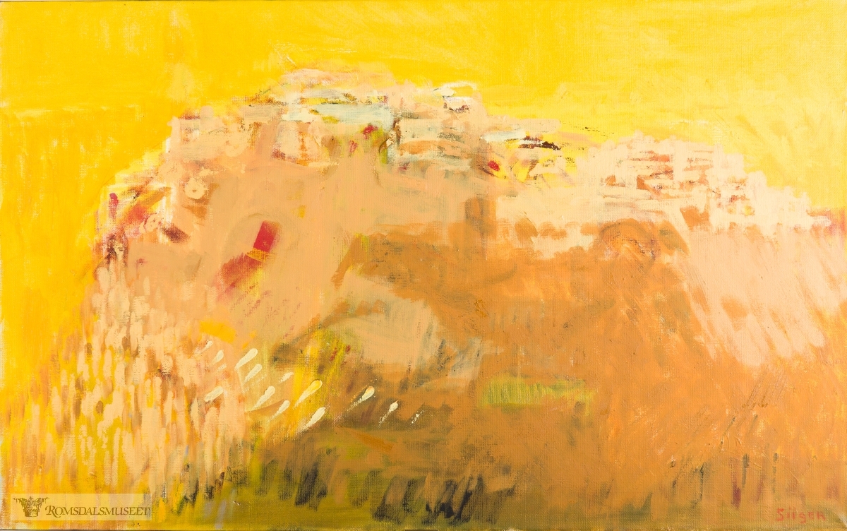 Abstrakt motiv i gule og røde toner.