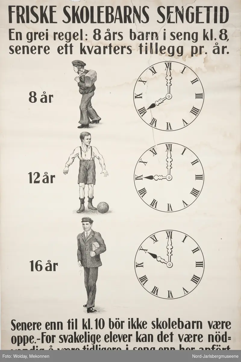 Plakat med klokkeslett og en beskrivelse av leggetid i sammenheng med barnets alder.