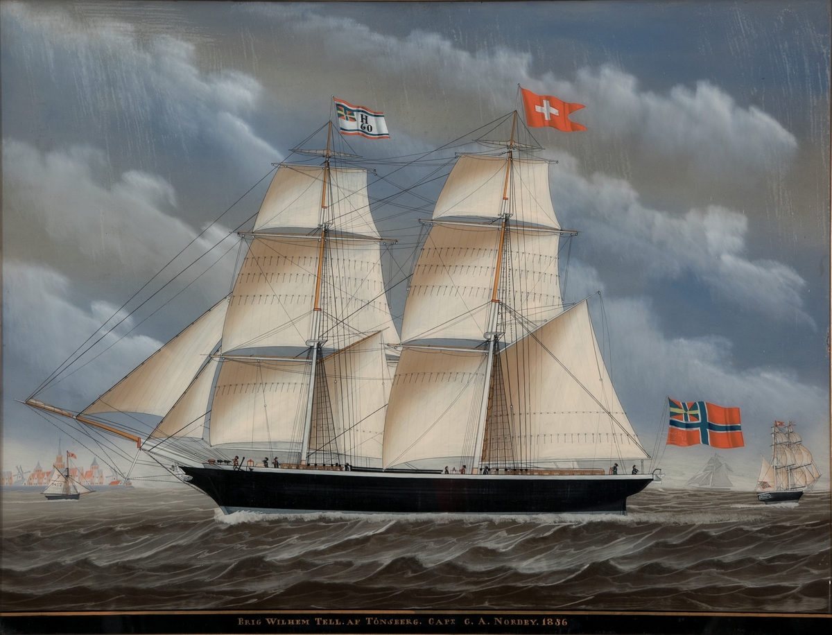 Brigg 'Wilhelm Tell' af Tønsberg bygget 1851 jenningssignal H 60 på fortoppen. Rødt flagg med hvitt kors på stortoppen. Unionsflagg fra flaggstang akter. Bildet viser briggen i 2 stillinger, i forgrunnen for babrods halser, i bakgrunnen slørende for styrbords halser