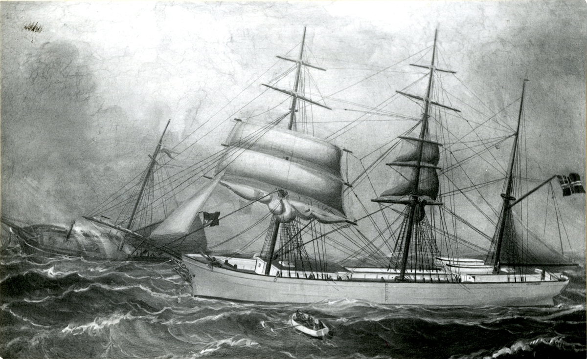 Bark 'Aristides' (b.1865, Chr. Jensen, Kragerø), - berger den engelske skonnerten 'Anna Dixon' i 1886.