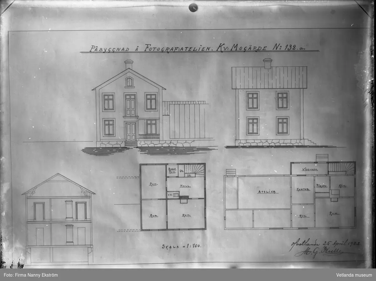Ritning till påbyggnaden av fotoateljén, kvarteret Mogärde, april 1922