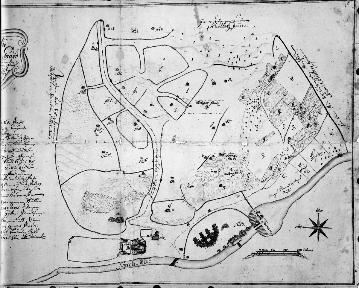 Bilde av kart med anmerkinger: "Geometri-partie over Nordre Schölberg gaard". 1.del.