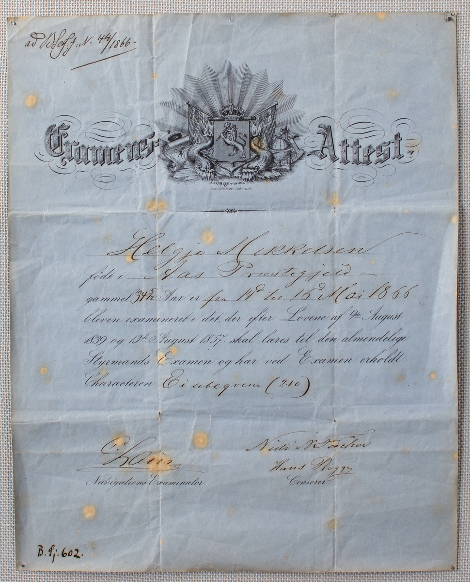 Eksamensattest utstedt til Helgje Mikkelsen i 1866.