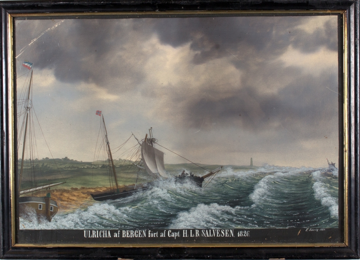 Hukker-galeas ULRICHA i ferd med å forliset i 1826. Skipet ligger på land med brukket mast.