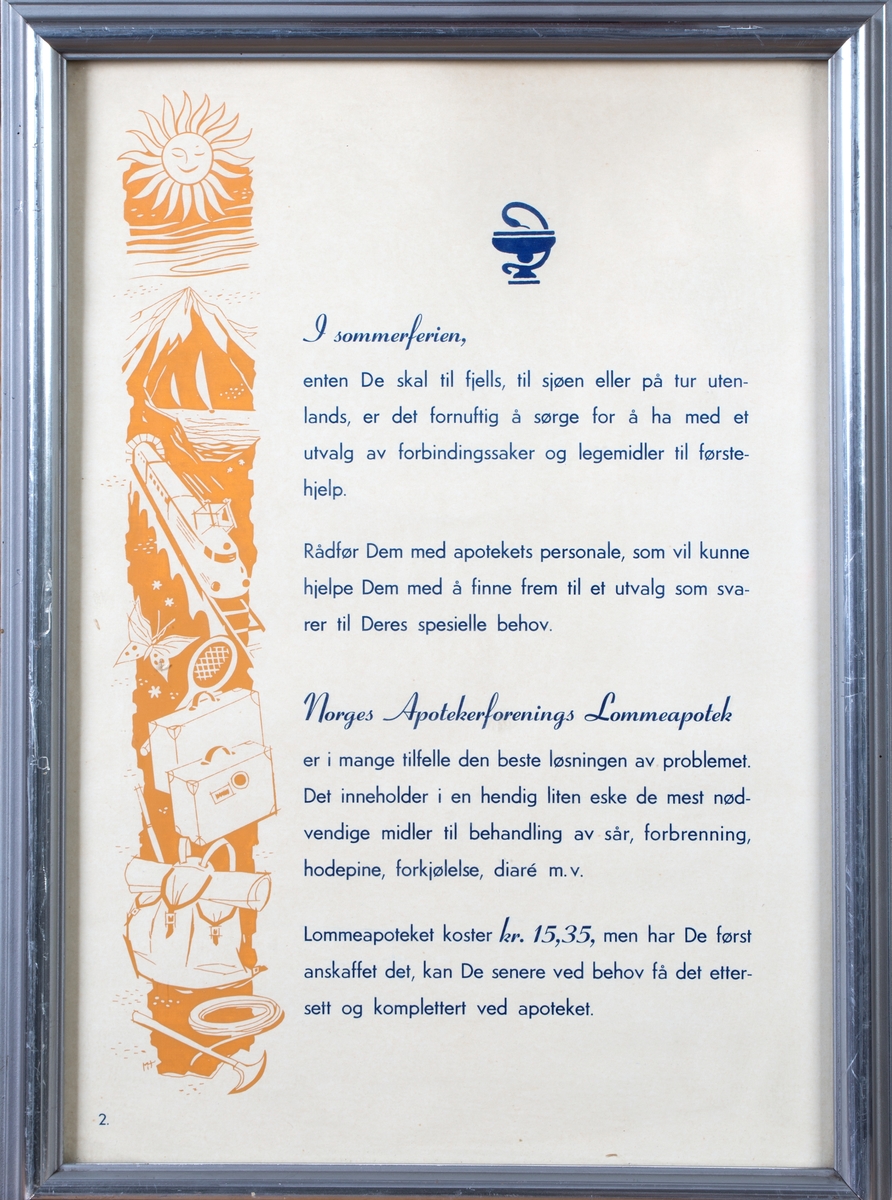 Plakat med tekst og apoteksymbol i blått og sommerferieillustrasjoner i brunt