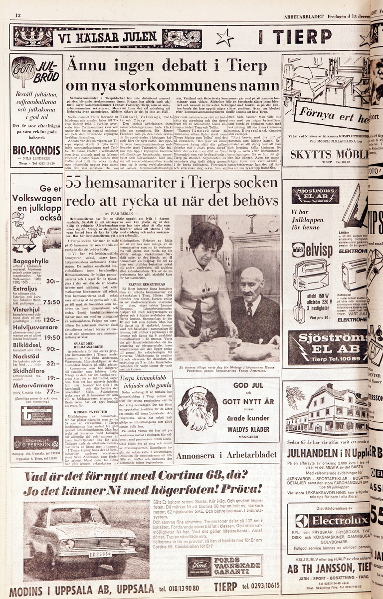 Tidningssida i dagstidningen Arbetarbladet 15 december 1967