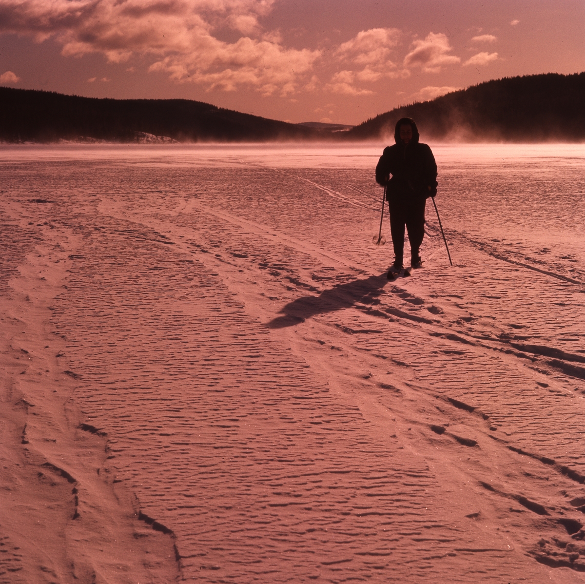 En person åker skidor i solen på Ängratörn. Vinden har bildat mönster i snön.