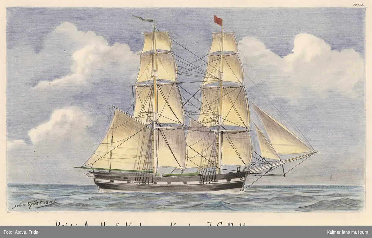 Briggen Apollo från Kalmar, skeppsporträtt med himmel och hav.
