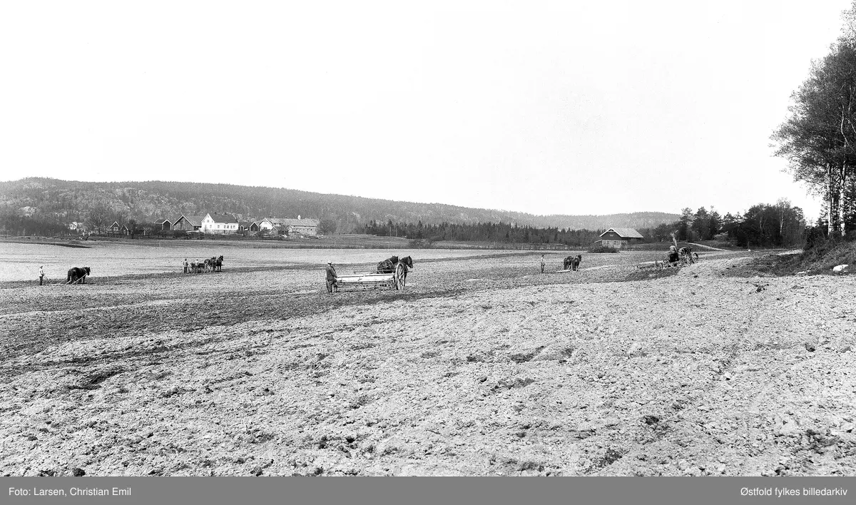 Kalnes  landbruksskole i Tune ved Sarpsborg, ca. 1925. 
Fem hestekjøretøy forspent med ulike jordbruksredskap.
Øsaker gård i bakgrunnen. Gården Huset til høyre, man ser uthuset.

Traktor med slepekultivator
2 hester foran harv
2 hester foran   kunstgjødselspeder ( gitterspreder – spesialbetegnelse på varianten)
2 hester foran såmaskin
2 hester foran harv


På gården Øsaker  det i dag våningshus, stabbur og vognskjul som er bevart (2013). Murbygning til høyre var grisehus, med bolig i motsatt ende.  Øsaker var på sin tid regnet for å være blant de største gårdene i Tune. JOrda ble solgt til Kalnes landbruksskole.