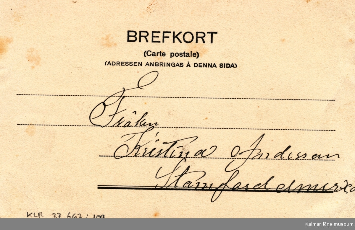 Ett svart/vitt vykort till Kristina Andersson, Stamford, Connecticut, USA.