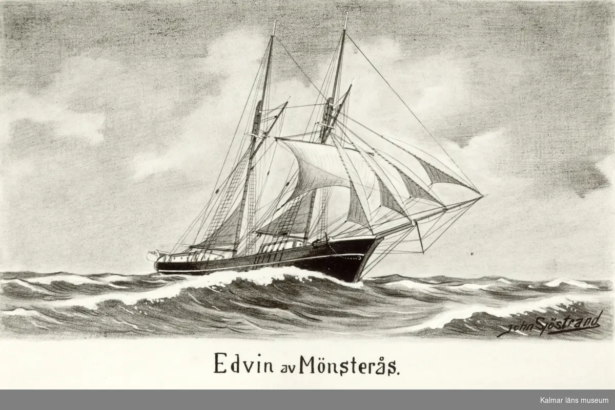 Skonaren Edvin av Mönsterås. Teckning av John Sjöstrand efter foto.