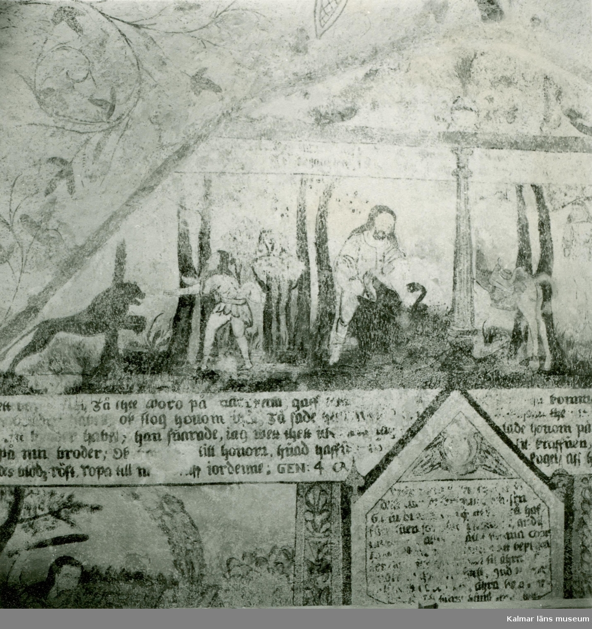 Målning på korväggen i Gärdslösa kyrka med bibliskt motiv från berättelsen om Kain och Abel.