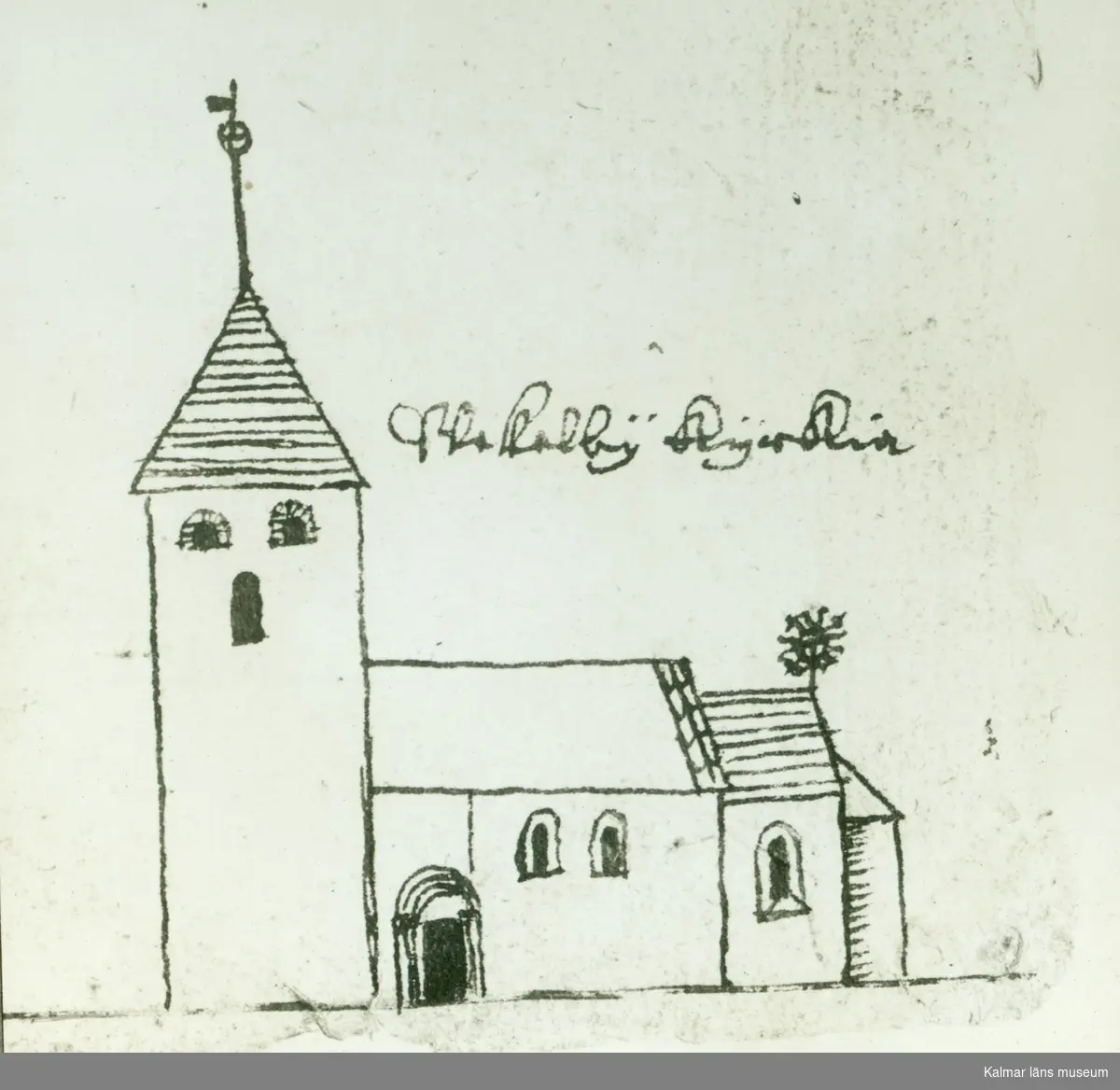 Teckning föreställande Vickleby kyrka.
