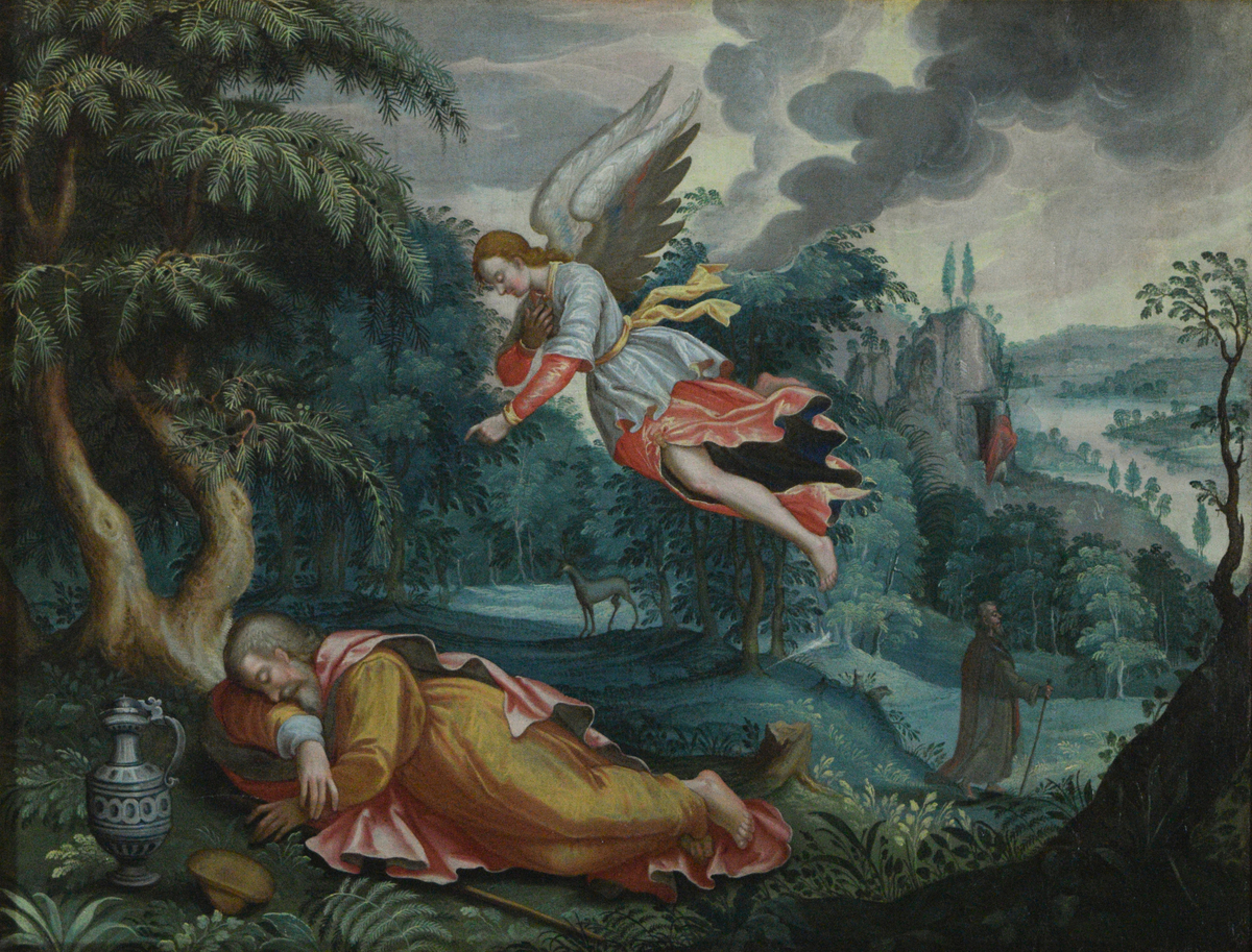 Frodig landskap med elvedal helt til høyre. I forgrunnen under flyvende engel en sovende mannsfigur ved en drikkekanne og et brød(?). I mellomgrunnen til høyre to figurer, den bakerste av dem foran en antatt hule.