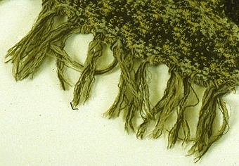 Halsduk stickad av ullgarn i brunt, grått och gulrött. Knuten frans i samma färger.



Neg.nr: 1987-04