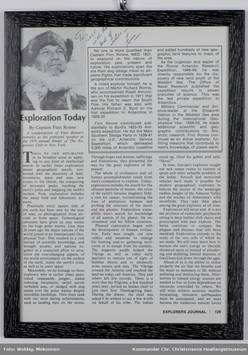 Utklipp av artikkel fra Explorers Journal september 1976, skrevet av kaptein Finn Ronne.
Exploration Today: A condensation of Finn Ronne's remarks as the principal speaker at the 1976 annual dinner of The Explorers Club in New York.