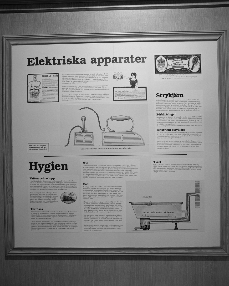 Dokumentation av utställningen "Teknikens under för 100 år sedan", Elkraftsmuseet. I text och bild illustreras Elektriska apparater.
