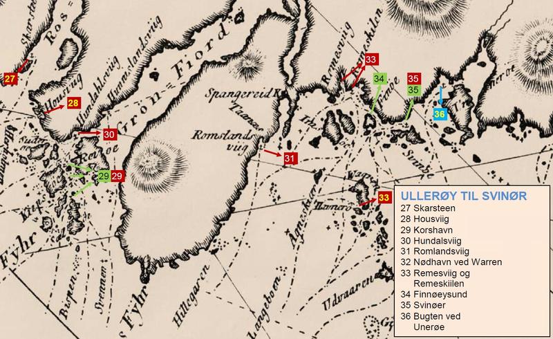 Utsnitt fra Paul Løwenørns sjøkart nr. 5 over den norske kyst fra ca. 1800, hvor man kan se havnen Svinør avmerket (nr. 35), samt de viktigste seilingsrutene i området.