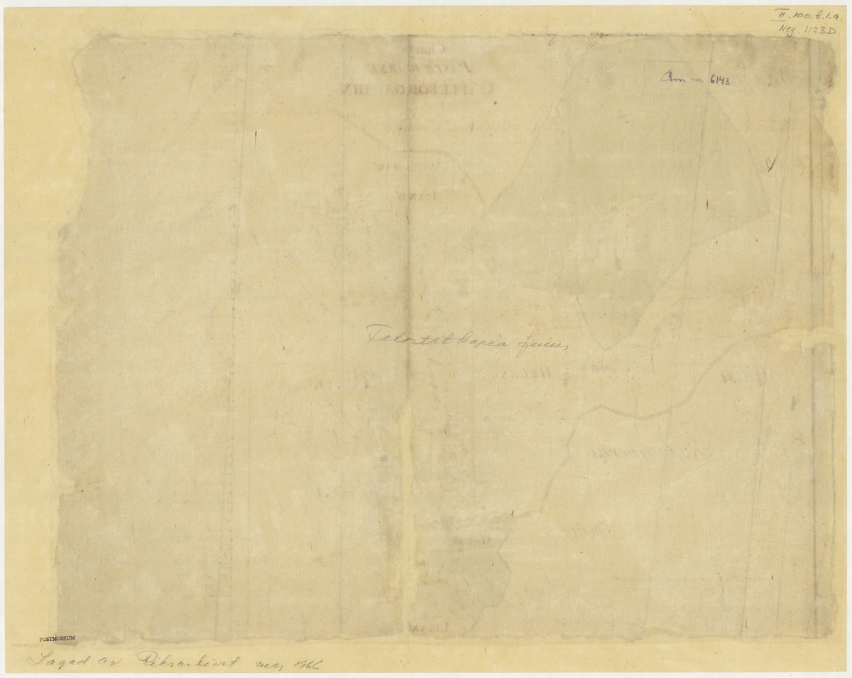 Postkarta över postvägarna i Gävleborgs län under 1700-talets mitt. Kartan visar Jämtland, Ångermanland, Härjedalen, Medelpad och Hälsingland. En förteckning över postgårdar finns till höger på kartan. Kartan måste ha ritats före 1753, då postkontoret i Bjästad, Ångermanland inrättats. Detta har skrivits för hand på kartan. Kartanär ritad och kolorerad för hand.