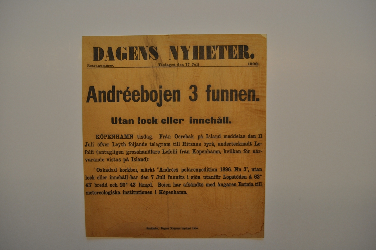 Löpsedel extrablad från Norrbottens Allehanda: "Andrée-expeditionens öde. Farhågorna besannas icke."