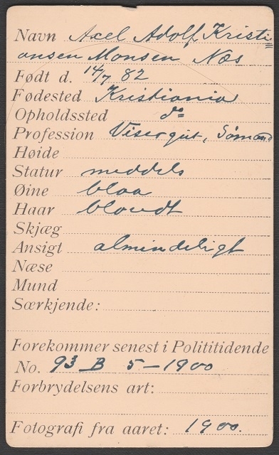 Registreringsfoto, antatt fra Kristiania-politiets forbryteralbum
