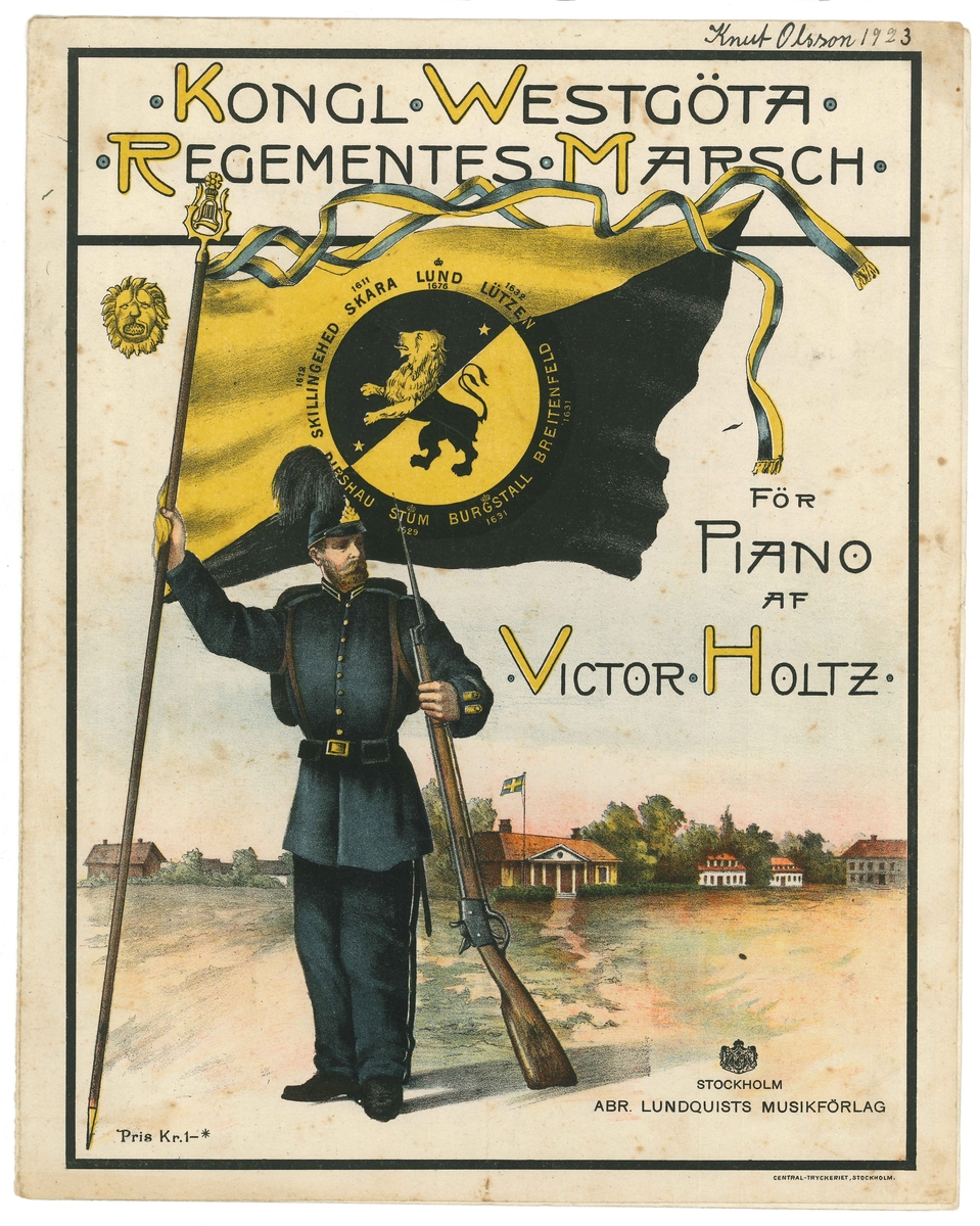 Nothäfte om 6 sidor. Framsidan är illustrerad med en soldat som står med en fana i svart och gult o högra handen och ett gevär i den vänstra. Fanan på standarpinnen är fladdrar utspänt i vinden och över flaggan fladdrar två band i gult och blått. Standarpinnen kröns med Oscar II initialer. 

Titeln på stycket står som titel "Kongl. Westgöta Regementets March"  och till höger om soldaten står "För Piano af Victor Holtz"