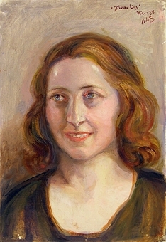 Målningen föreställer en leende kvinna. Bröstbild. Färgerna domineras av brunt.