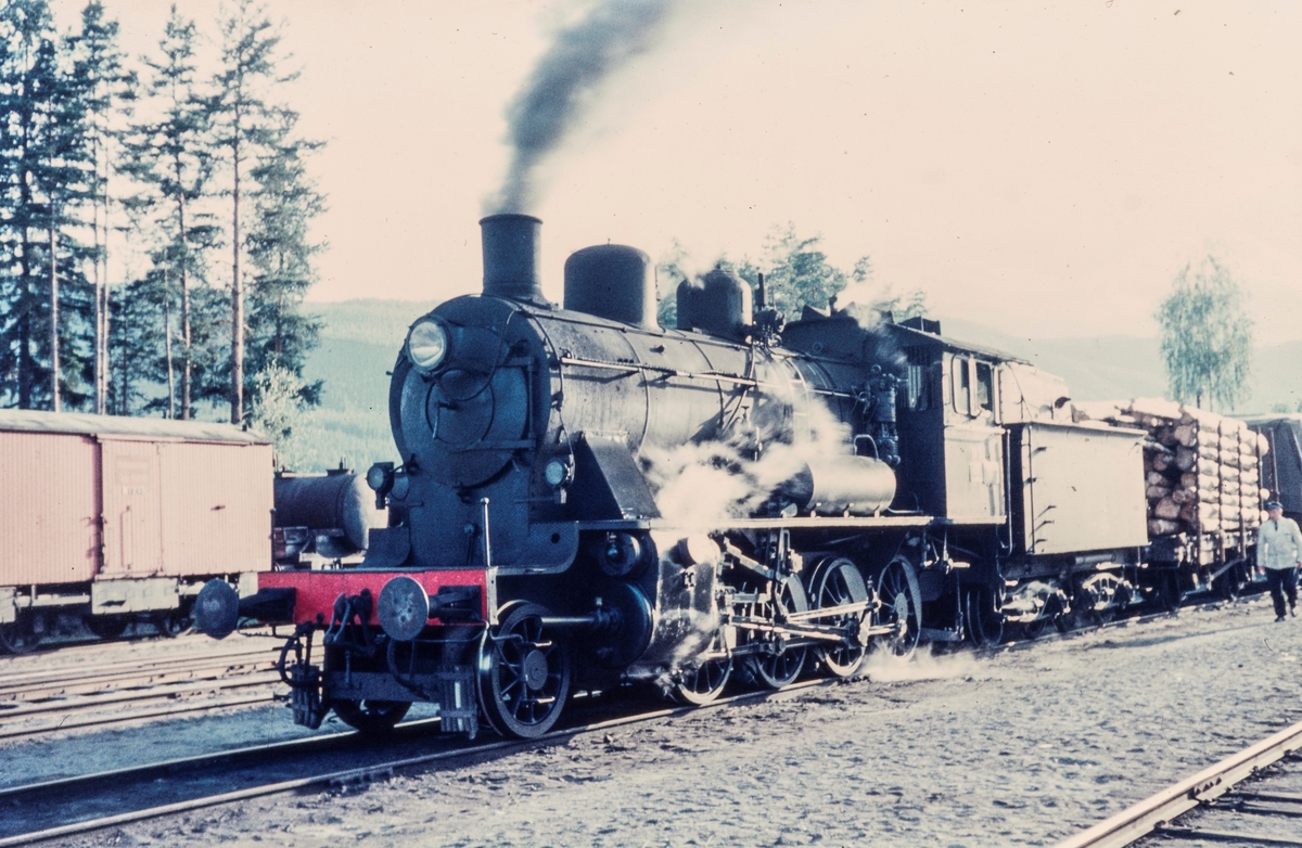 Godstog på Dokka stasjon. Toget trekkes av damplokomotiv type 24b nr. 195. Lokomotivet ble benyttet på Valdresbanen og Skreiabanen.