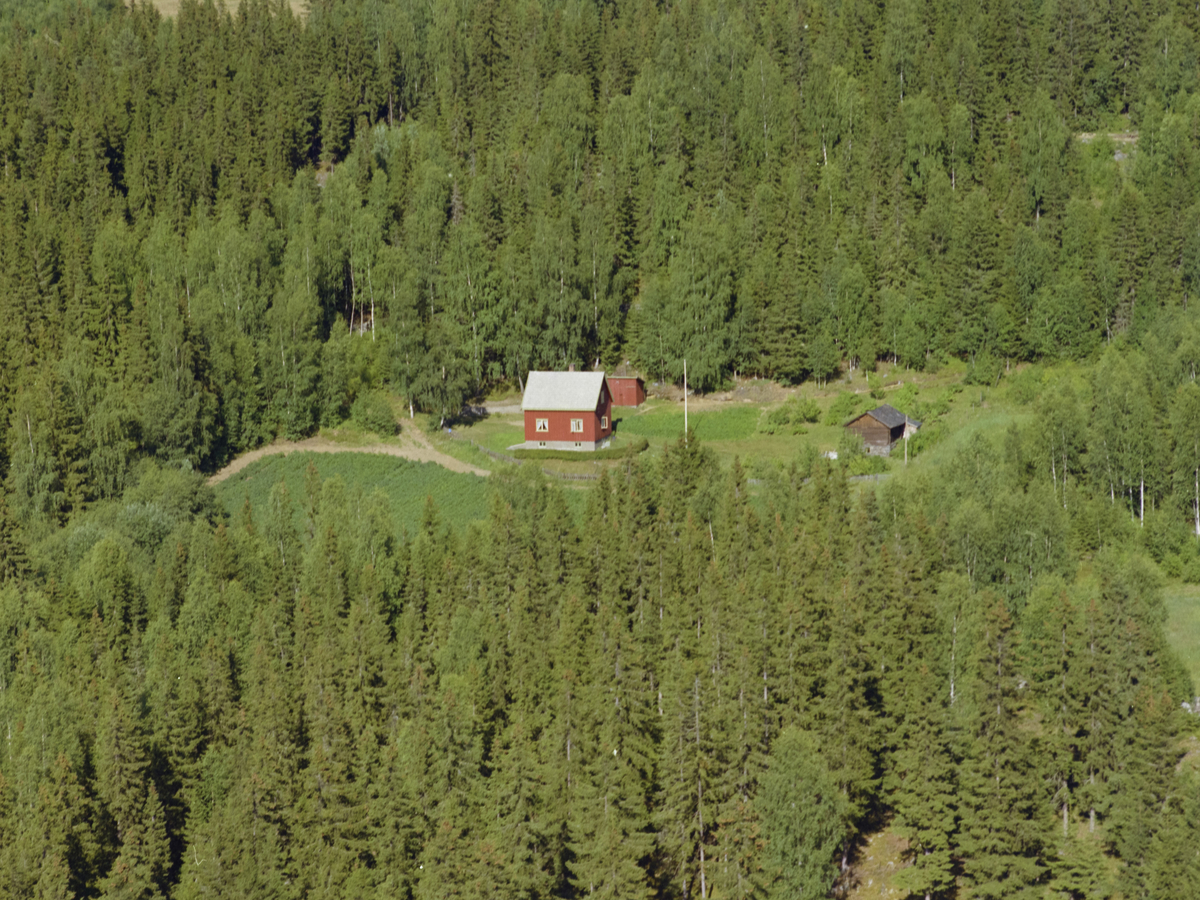 Øyer, Nord-Tretten. Lognrud småbruk. Lite, rødt hus i skogen med noe dyrket mark rundt, hvit flaggstang og en brun løe og et lite uthus.
