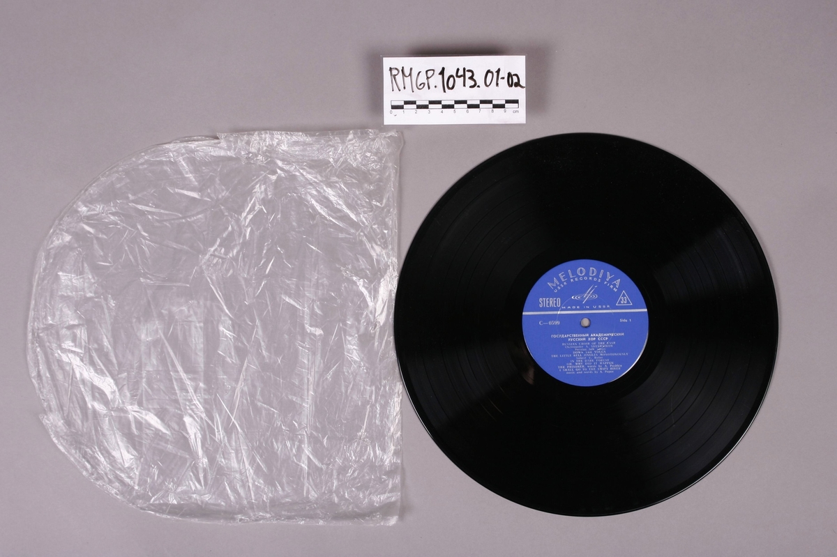 Grammofonplate i svart vinyl liggende i en plastlomme.