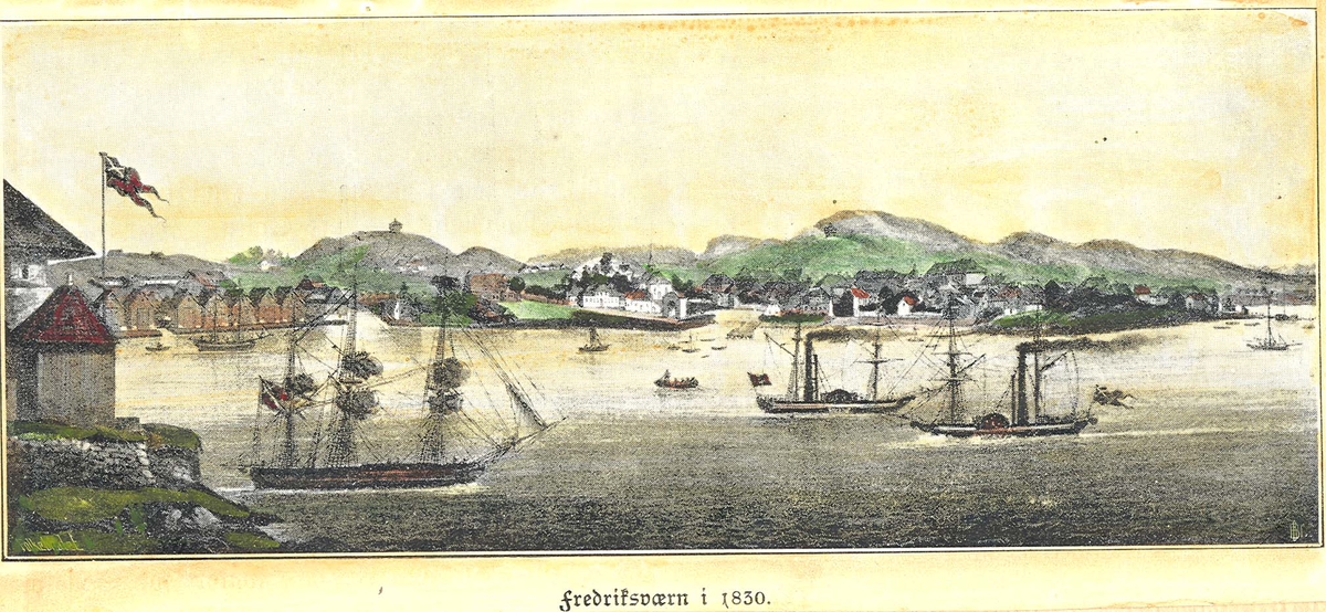 Kololert tegning av Fredriksværn i 1830. Peter C F Wergmann.