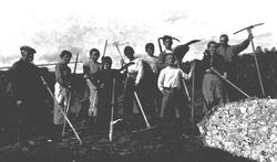 Slåttfolk, personer, ljå, river