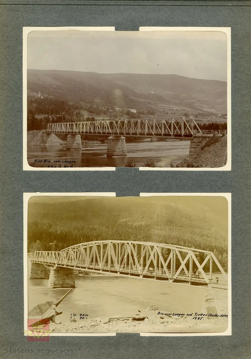 Arbeidslag legger asfalt på Tretten i Gudbrandsdalen. I bakgrunnen skimtes den gamle fagverksbrua fra 1890-tallet. 

08.01.2018: "Det er 25 karer på bildet, de fleste lokale størrelser. Fra venstre nr 1 Kristian Kraabøl Bergmo, 2 Alf Kraabøl, 3 ukjent, 4 Nils Brodal, 5 ukjent, 6 ukjent, 7 Johan M. Kraabøl (vegvokter), 8 Johan Hovdsveen, 9 Magne Kraabøl, 10 Johan Flatemo, 11 Alf Formo, 12 ukjent, 13 ukjent, 14 Wilhelm Olsen, 15 Hans Strangstadstuen, 16 Arnt Løvmo, 17 Reidar Løvmo, 18 ukjent, 19 Karsten Nordgård, (foran Gunnar) 20 Gunnar Flatemo (bakerst), 21 ukjent, 22 ukjent, 23 Ingvald Botheim, 24 ukjent og 25 Alfred Stalsberg". 

Se mer informasjon om dette bildet under Historikk lenger ned på siden. Opplysningene er gitt av Odd Bjerke. 

Klikk på pilen til høyre og se bilde av Tretten og Øyer bru i Øyer kommune i 1895. Bildene er fra amtsingeniør Nicolai Olaf Saxegaards album hvor bruene er avbildet. Se Relasjon og relaterte objekter NVM 00-F-03205 og NVM 00-F-03206 for mer informasjon lenger ned på siden.