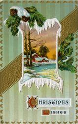 Julekort. Julehilsen. Et lite vintermotiv med vann, hus og t