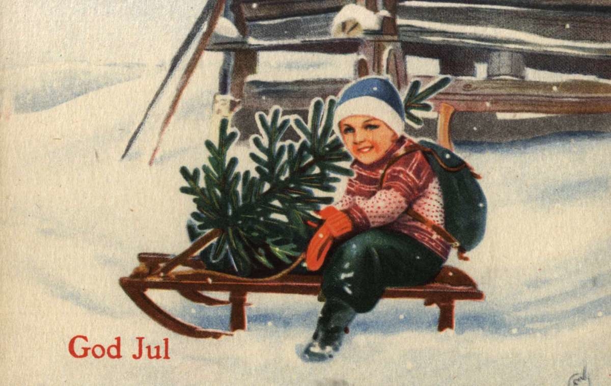 Julekort. Ubrukt. Vintermotiv. Et barn sitter på en på kjelke med et lite juletre. Illustrert av Erling Nielsen.