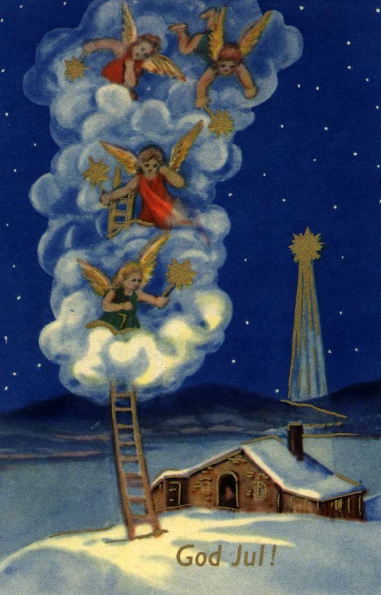 Julekort. Ubrukt. Vintermotiv. Englemotiv. En stige går opp i skyene som opplyses. I skyene svever engler med stjerner i hendene. I bakgrunnen lyser julestjernen over en hytte.