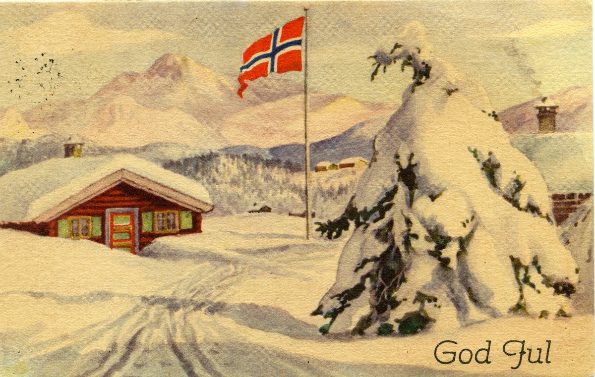 Julekort. Jule- og nyttårshilsen. Vinterlandskap med hytter og fjell. Flagget er heist. Stemplet 19.12.45.