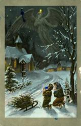 Julekort. Jule- og nyttårshilsen. Et vinterlandskap med kirk