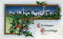 Julekort. Jule- og nyttårshilsen. I forgrunnenen gren av kri