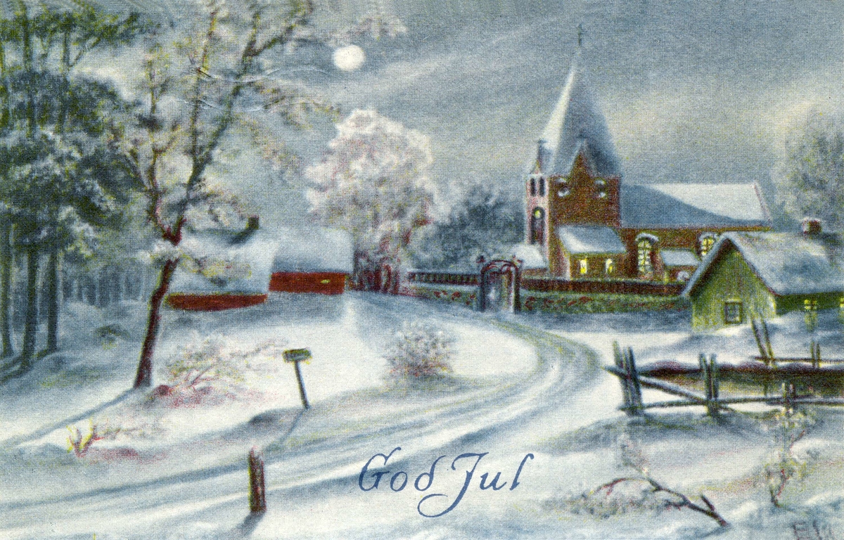 Julekort. Jule- og nyttårshilsen. En vei går gjennom et snødekt landskap forbi et hus, og en kirke som ligger innenfor et gjerde. Stemplet 24.12.1941.