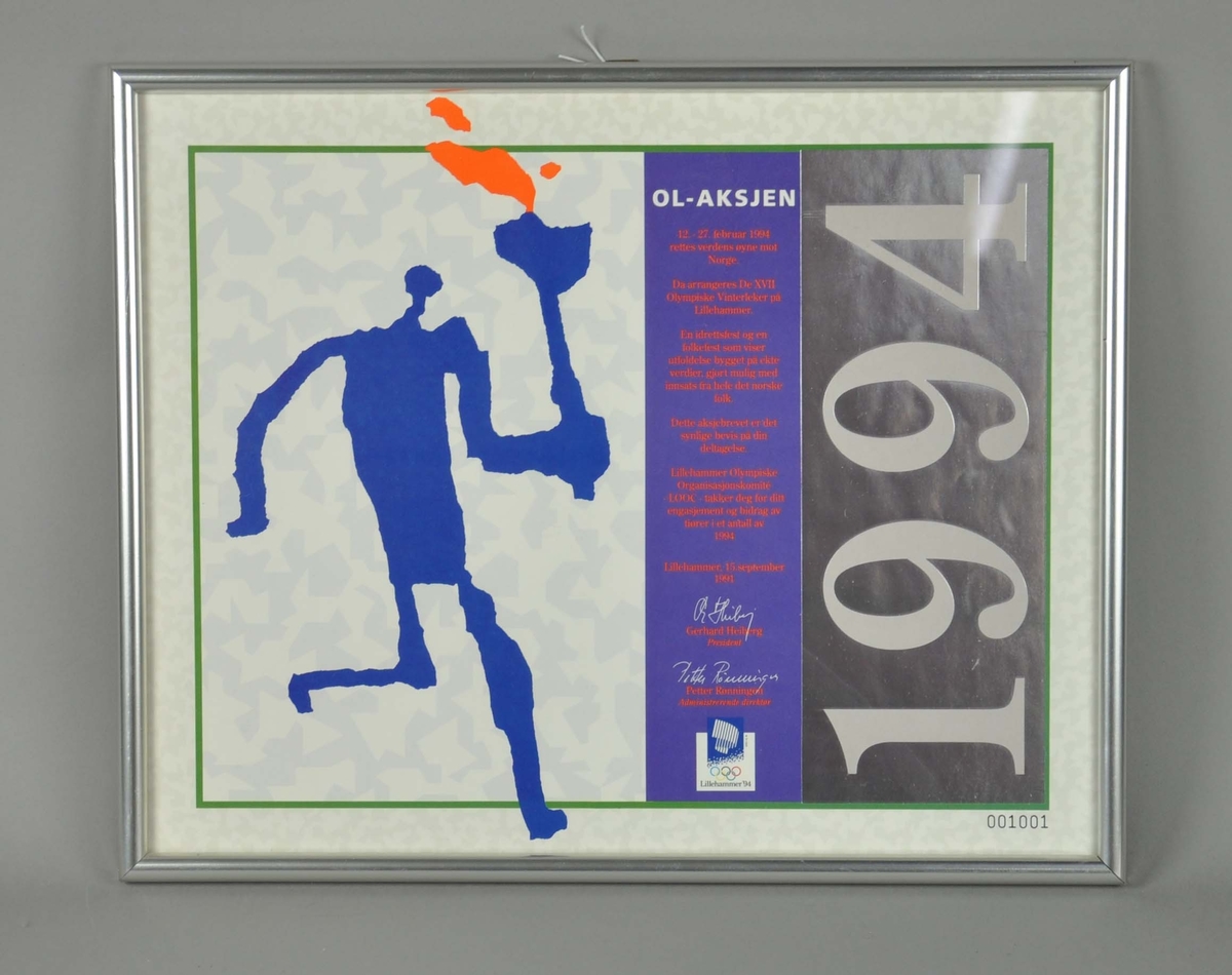 OL-aksje med bilde av fakkelmannen til venstre, tekst i spalte på midten og tallet 1994 til høyre.