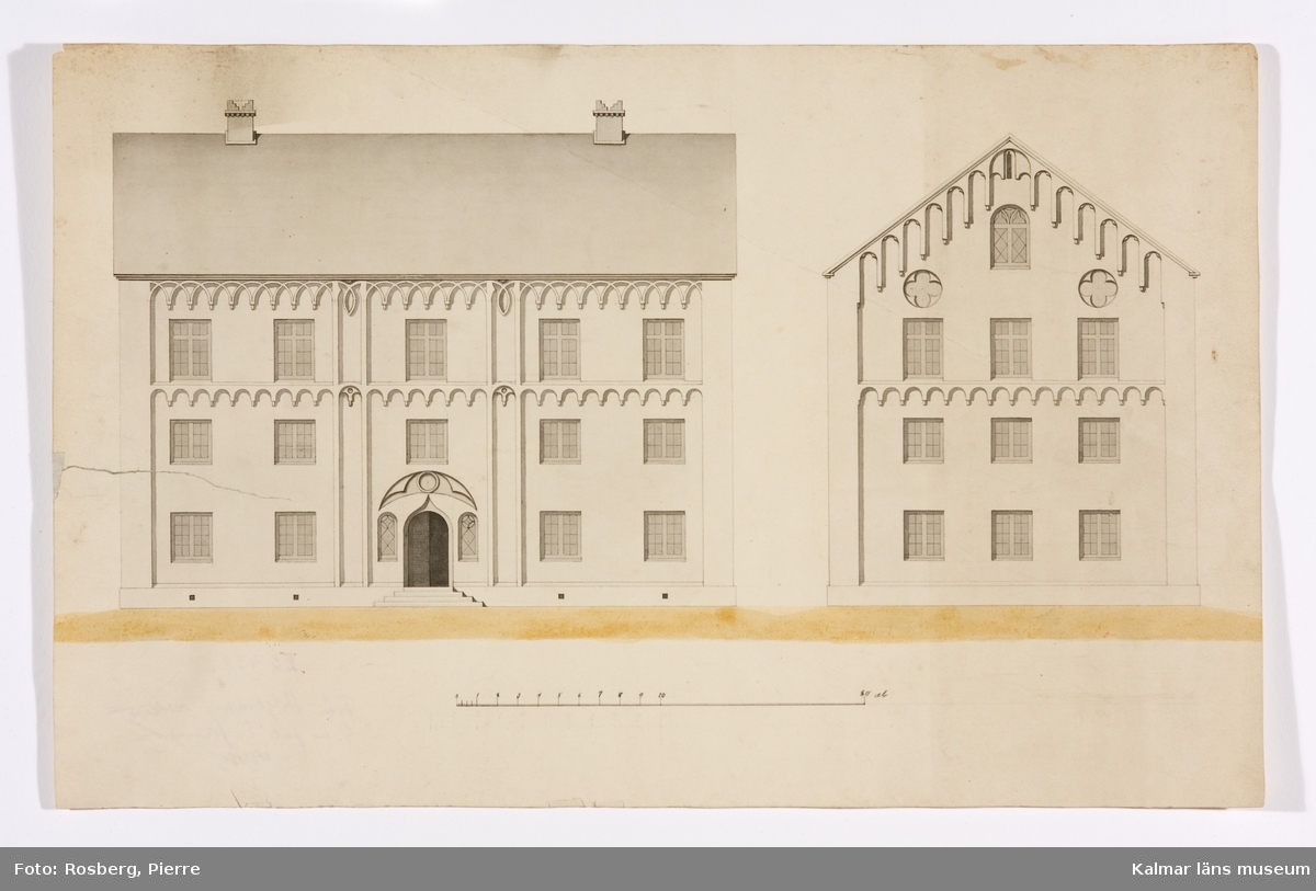 KLM 22458. Ritning. Byggnadsritning. Ritning av fasad till trevåningshus i romansk stil av Brunius typ. Datering: omkring 1850.