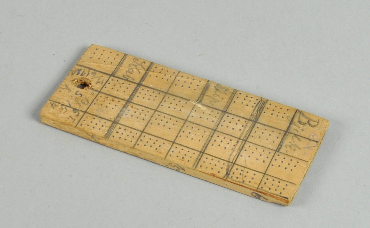 Et rektangulær treplate som har påtegnet ruter, med ulikt antall prikker i hver rute.