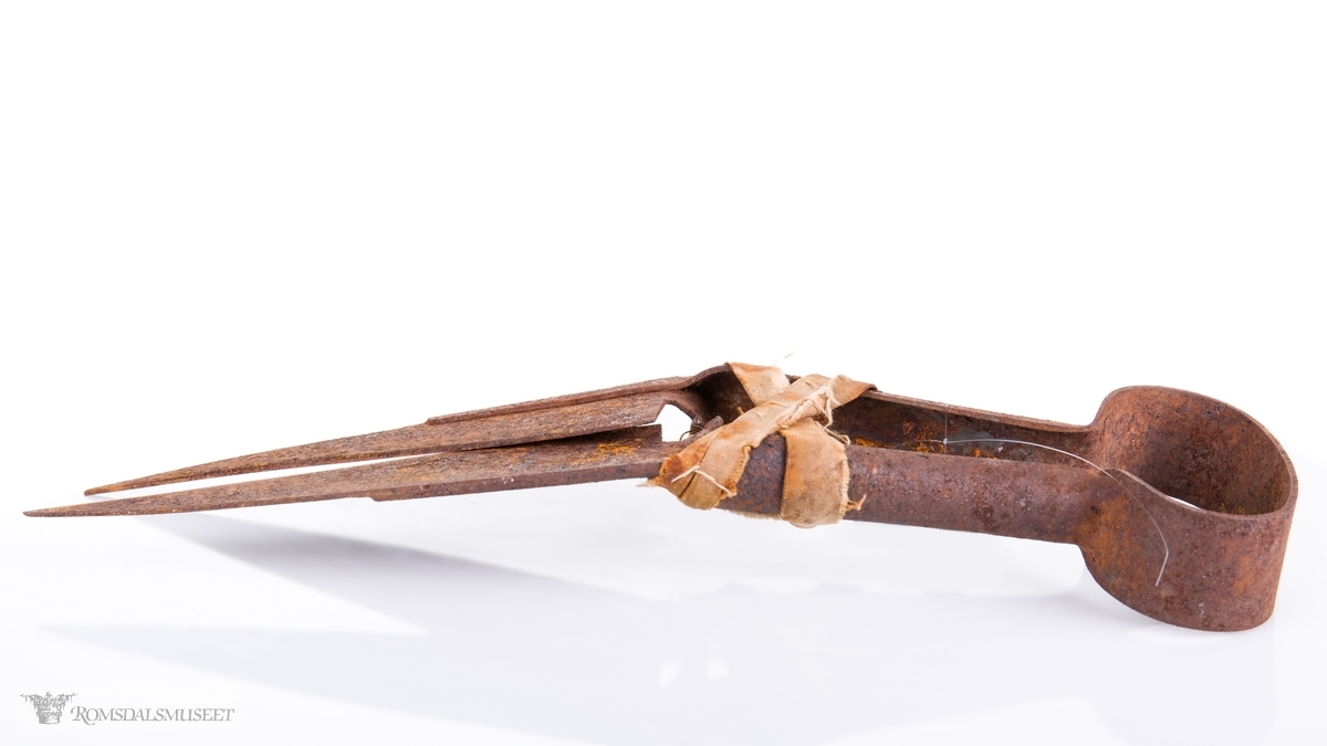 Sauesaks av den typen der handgrepet er en stålfjær. Brede blad og oval avslutning over håndtaket.
