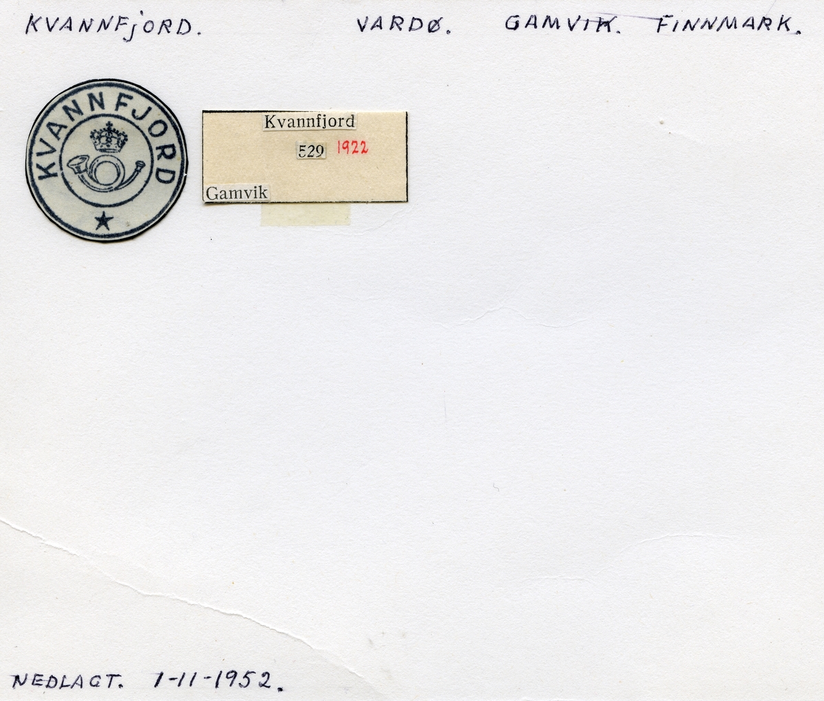 Stempelkatalog Kvannfjord, Vardø, Gamvik, Finnmark