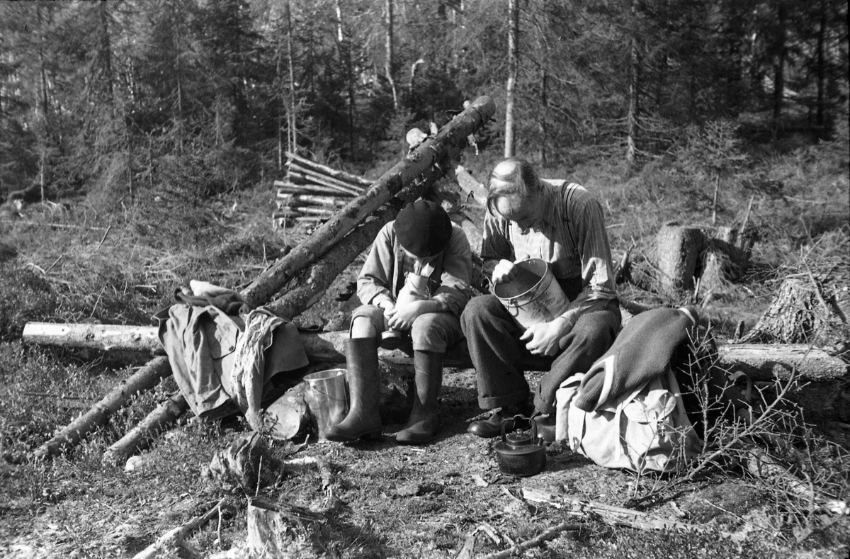 Sigurd Røisli og sønnen Kjell tar pause i bærplukkinga. Totenåsen høsten 1949.