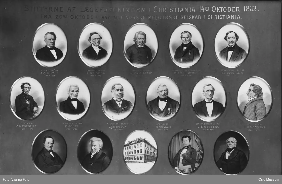 montasje: Stifterne av lægeforeningen i Christiania 14de oktober 1833, portretter, leger, Mariboegården (Universitetsgården)
