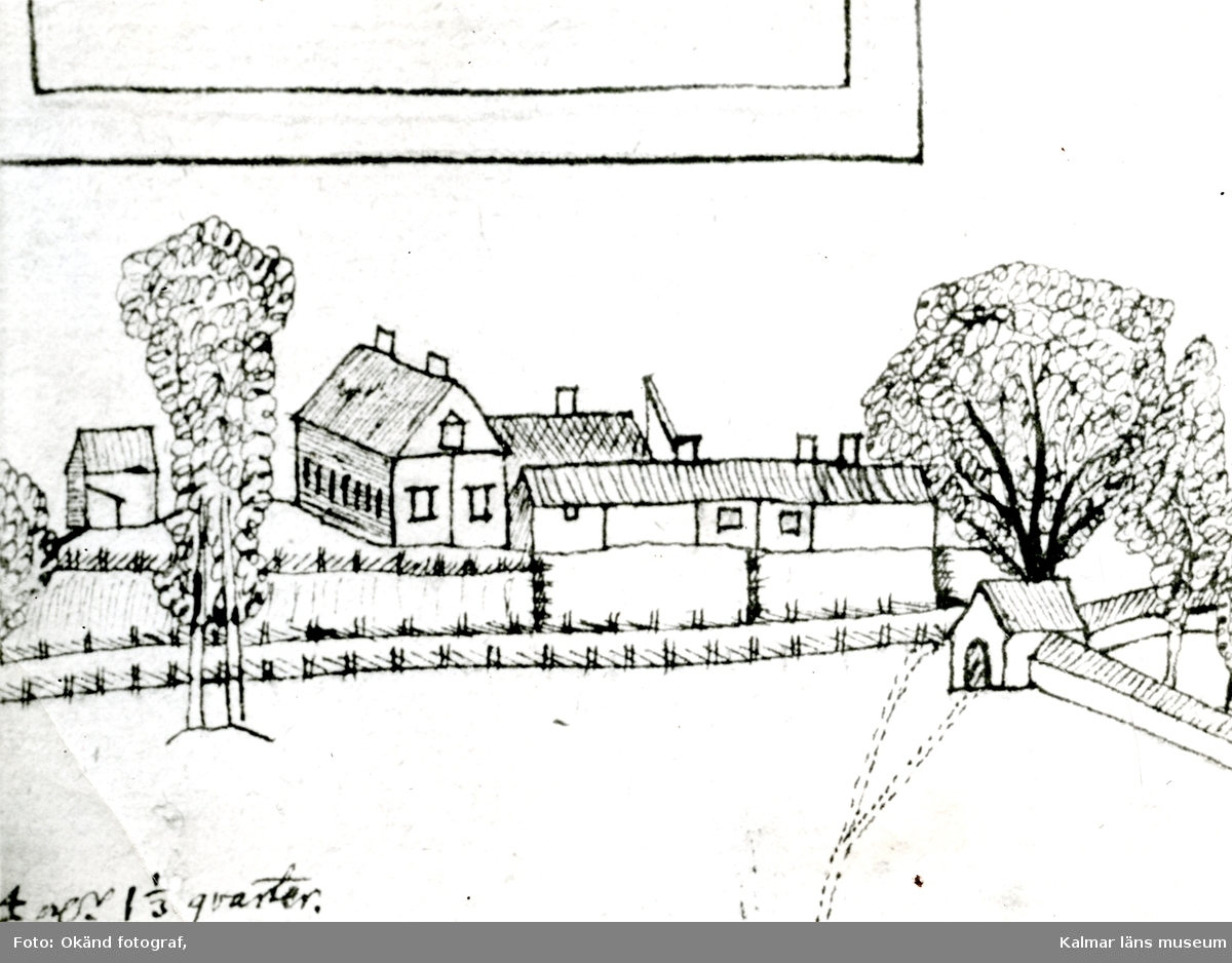 Detalj ur teckning av P.Frigelius 1747. Prästgården i Dörby.